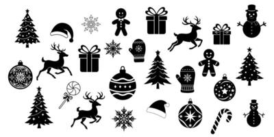 Big set of winter silhouette black, outline. Christmas tree, reindeer, ornaments, gingerbread, snowflake on white background. vector