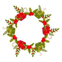 New Year frame, gift, candy, branch. On white isolated background. vector