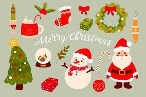 A set of images, New Year's Eve and Christmas. Santa, snowman, Christmas tree and more. vector