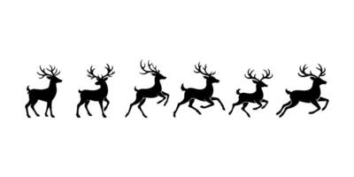 Big set of winter reindeer santas in motion, outline on white background. vector