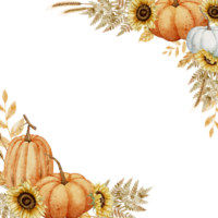 Watercolor square Frame with Pumpkins and Sunflowers. Illustration of template for greeting cards or harvest festival invitations. Rustic Background for arrangement. Autumn Border in orange colors. png