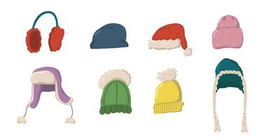 illustration of different knitted hats. Set of icons in the form of warm hats. Concept of cozy winter fashion. vector