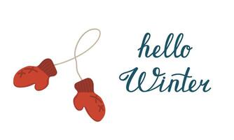 illustration of knitted mittens on a string. Merry Christmas and New Year greeting card. Concept of a cozy and warm winter. vector