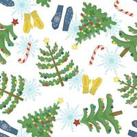 seamless pattern with fir trees, snowflakes and mittens. New Year and Christmas illustration for wrapping, wallpaper and packaging. vector
