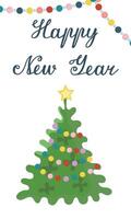 postcard with Christmas tree and garlands. Vertical banner of Happy New Year. Congratulations on winter holidays. vector