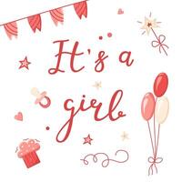 Hand drawn greeting card for the birth of a Girl. invitation card template for baby gender reveal party. Color illustration with balls and flags on a white background. vector