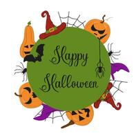 postcard with design elements for Halloween. Image of pumpkin with different faces, spider with web and bat. vector
