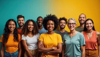 Diverse group of joyful people posing in vibrant studio settings, representing unity and inclusivity. photo