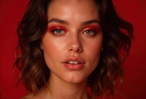 Close-up facial portrait of young woman with bold red eye makeup. Red studio background photo