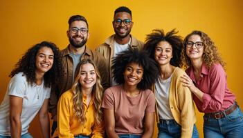 Diverse group of joyful people posing in vibrant studio settings, representing unity and inclusivity. photo
