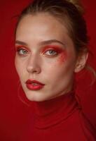 Close-up facial portrait of young woman with bold red eye makeup. Red studio background photo