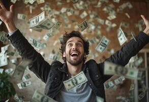 Man celebrating with money raining down, financial success, windfall, lottery win. photo