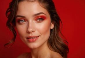 Close-up facial portrait of young woman with bold red eye makeup. Red studio background photo
