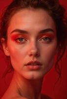Close-up facial portrait of young woman with bold red eye makeup. Red studio background photo