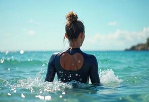 Back view of a woman wearing a wetsuit swimming in the ocean, with waves splashing under a bright, clear sky. photo