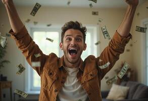 Man celebrating with money raining down, financial success, windfall, lottery win. photo