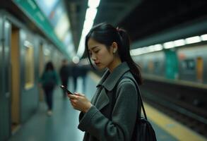 Young asian woman using smartphone in subway station, showcasing modern urban life and digital connectivity. photo