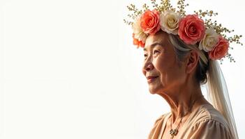 Side profile of a smiling elderly asian woman wearing a vibrant floral crown, exuding joy and grace against a light background. photo