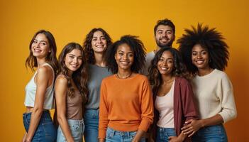 Diverse group of joyful people posing in vibrant studio settings, representing unity and inclusivity. photo