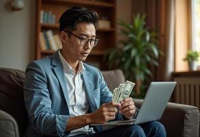 Asian mid age man holding money while working on laptop in living room photo