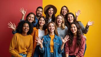 Diverse group of joyful people posing in vibrant studio settings, representing unity and inclusivity. photo
