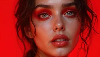 Close-up facial portrait of young woman with bold red eye makeup. Red studio background photo