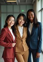 Racial diversity of businesswomen, in professional suits standing together in an office. photo