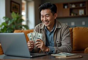 Asian mid age man holding money while working on laptop in living room photo