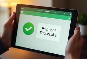 Payment successful confirmation on tablet screen, indicating the completion of an online transaction. photo