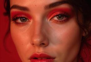 Close-up facial portrait of young woman with bold red eye makeup. Red studio background photo