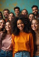 Diverse group of joyful people posing in vibrant studio settings, representing unity and inclusivity. photo