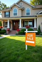 House for sale sign in front yard, selling house concept. photo