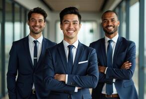 Racial diversity of businessmen, in suits standing together in a modern office environment, representing teamwork, and professional success. photo