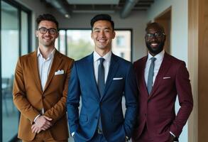 Racial diversity of businessmen, in suits standing together in a modern office environment, representing teamwork, and professional success. photo