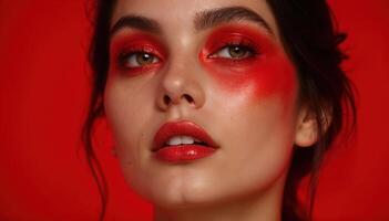 Close-up facial portrait of young woman with bold red eye makeup. Red studio background photo