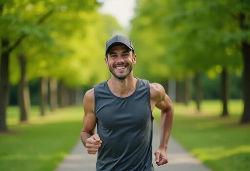 Smiling Man Jogging in Green Park on a Sunny Day photo