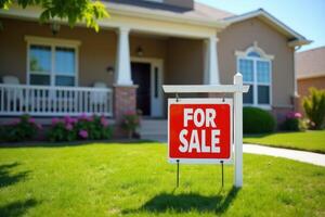 House for sale sign in front yard, selling house concept. photo
