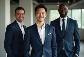 Racial diversity of businessmen, in suits standing together in a modern office environment, representing teamwork, and professional success. photo