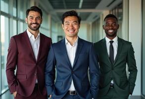 Racial diversity of businessmen, in suits standing together in a modern office environment, representing teamwork, and professional success. photo