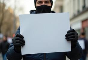 Protester Holding Blank Sign During Demonstration photo