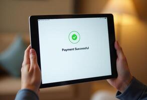 Payment successful confirmation on tablet screen, indicating the completion of an online transaction. photo
