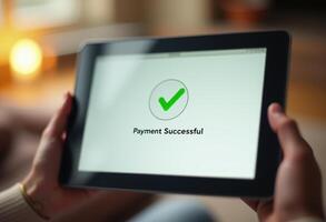 Payment successful confirmation on tablet screen, indicating the completion of an online transaction. photo