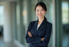 Hire best job candidate asian woman. Confident businesswoman in a navy suit smiles while standing in a modern office environment, exemplifying professionalism and leadership. photo