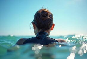 Back view of a woman wearing a wetsuit swimming in the ocean, with waves splashing under a bright, clear sky. photo