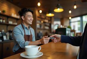 A smiling asian barista receives a credit card payment from a customer in a cozy coffee shop, with a cup of coffee in the foreground. photo