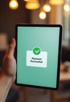 Payment successful confirmation on tablet screen, indicating the completion of an online transaction. photo
