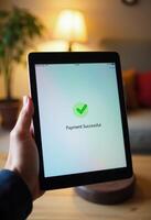 Payment successful confirmation on tablet screen, indicating the completion of an online transaction. photo
