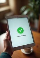 Payment successful confirmation on tablet screen, indicating the completion of an online transaction. photo