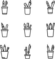 This icon set features various line drawings of pen holders filled with different stationery items like pens, pencils, rulers, and markers. vector