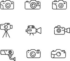 This icon set showcases a collection of camera and equipment designs in a simple, line-art style. The icons include various types of cameras, such as digital cameras, vintage film cameras vector